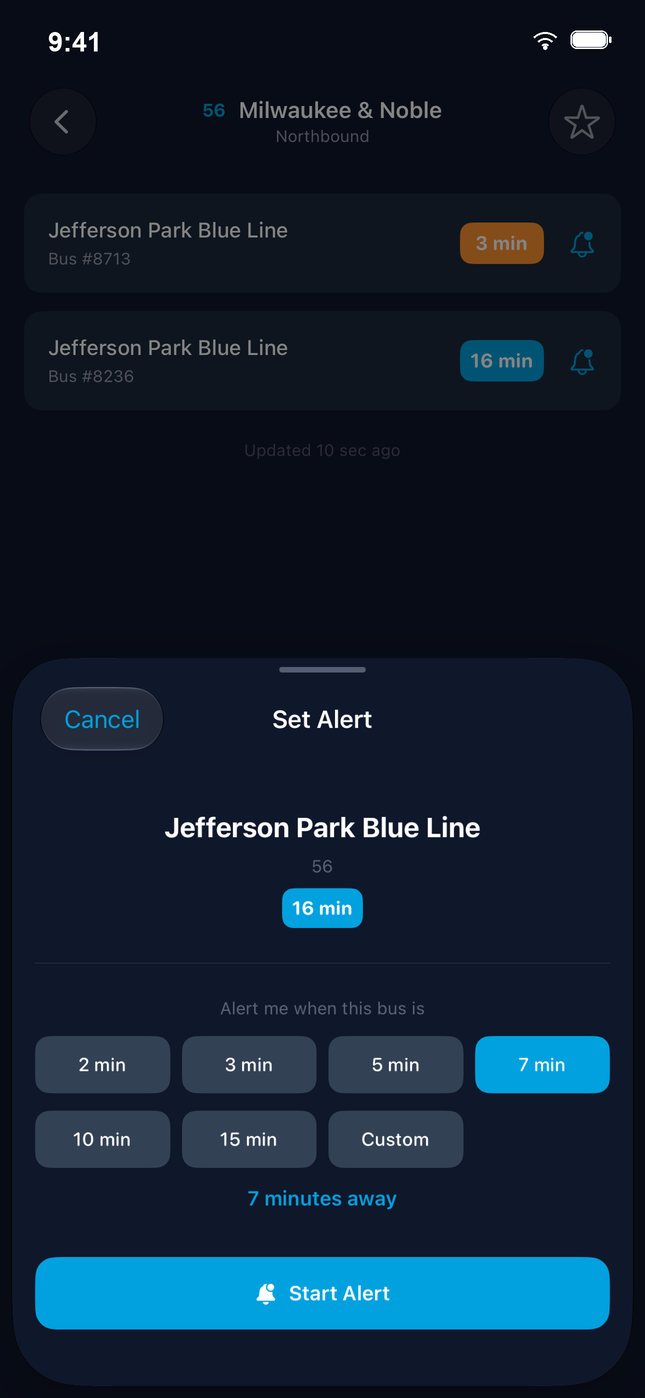 Loop Alert's Set Alert sheet: a 56 Milwaukee bus 16 minutes out, with the 7-minute threshold selected